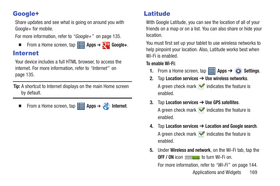 Google, Internet, Latitude | Google+ internet latitude | Samsung SGH-T859UWBTMB User Manual | Page 173 / 301