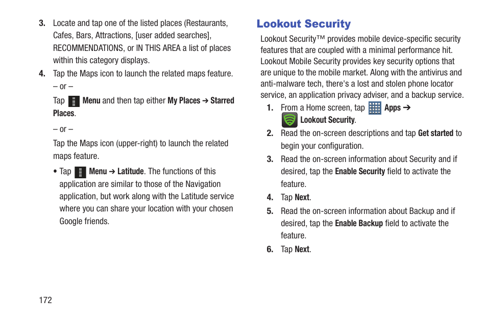 Lookout security, Ures. for more information, refer to “lookout | Samsung SGH-T859UWBTMB User Manual | Page 176 / 301