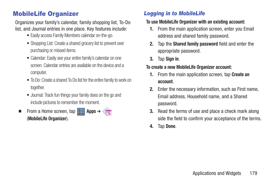 Mobilelife organizer, For more | Samsung SGH-T859UWBTMB User Manual | Page 183 / 301