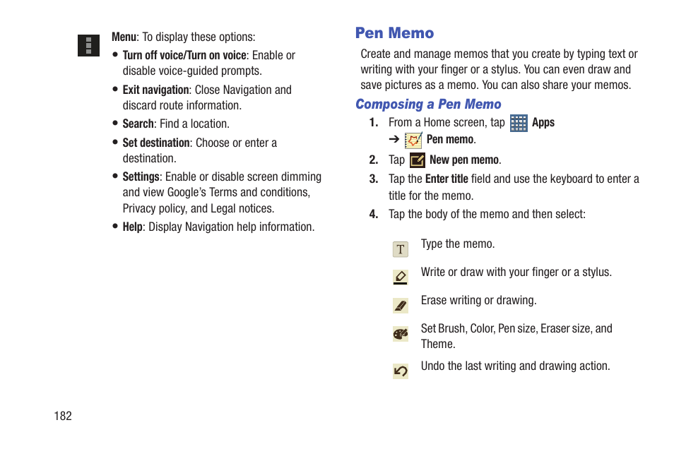 Pen memo | Samsung SGH-T859UWBTMB User Manual | Page 186 / 301