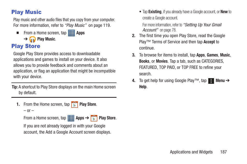 Play music, Play store, Play music play store | Samsung SGH-T859UWBTMB User Manual | Page 191 / 301