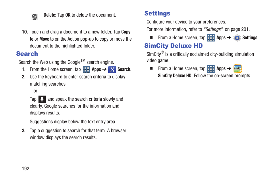 Search, Settings, Simcity deluxe hd | Search settings, Aking. for more information, refer to, For more | Samsung SGH-T859UWBTMB User Manual | Page 196 / 301