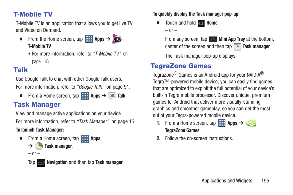 T-mobile tv, Talk, Task manager | Tegrazone games, T-mobile tv talk task manager tegrazone games, For more, N. for | Samsung SGH-T859UWBTMB User Manual | Page 199 / 301