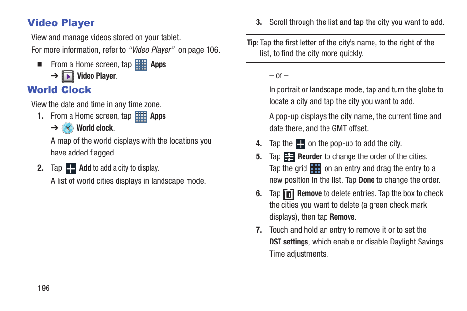 Video player, World clock, Video player world clock | Samsung SGH-T859UWBTMB User Manual | Page 200 / 301