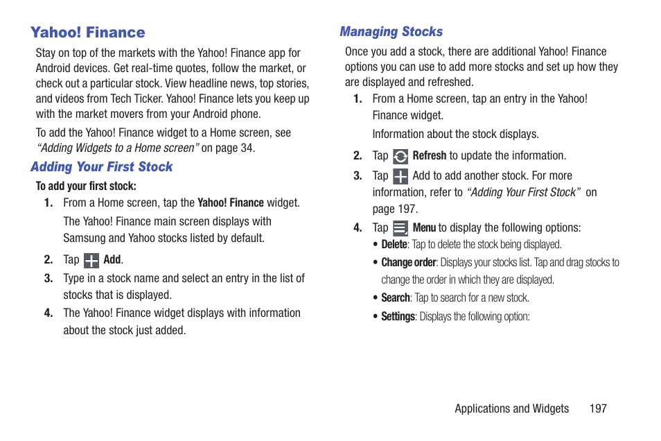 Yahoo! finance, Ocks. for more | Samsung SGH-T859UWBTMB User Manual | Page 201 / 301