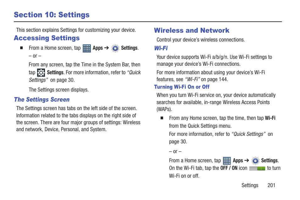 Section 10: settings, Accessing settings, Wireless and network | Accessing settings wireless and network, I. for more information, For more, For more information, refer to “settings” on | Samsung SGH-T859UWBTMB User Manual | Page 205 / 301