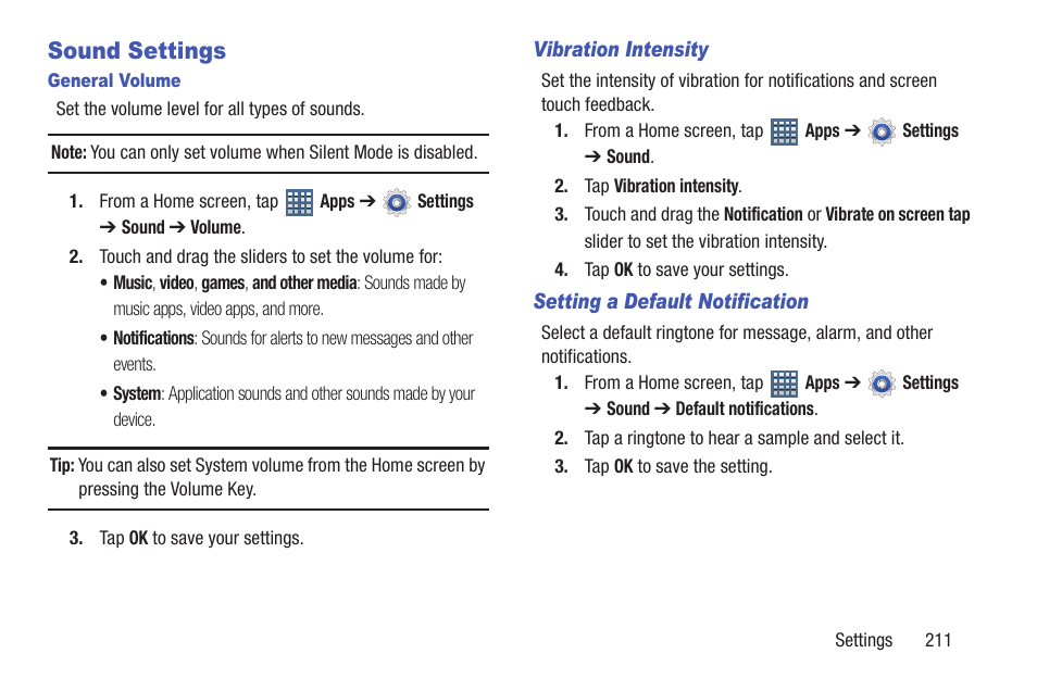 Sound settings | Samsung SGH-T859UWBTMB User Manual | Page 215 / 301