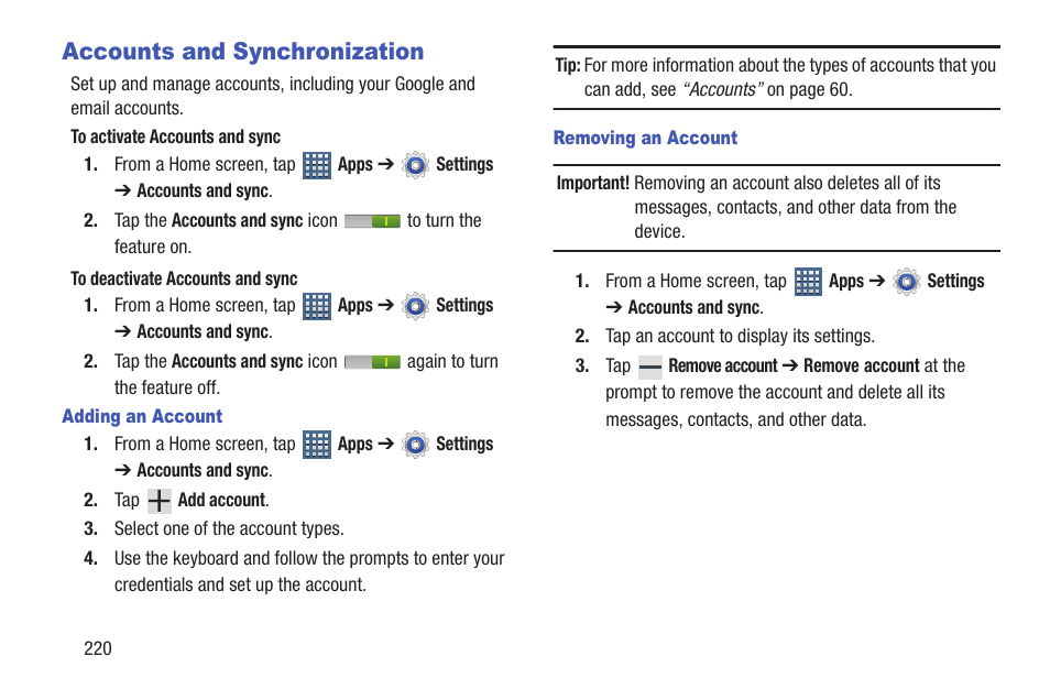 Accounts and synchronization, For more information, refer to “accounts and | Samsung SGH-T859UWBTMB User Manual | Page 224 / 301