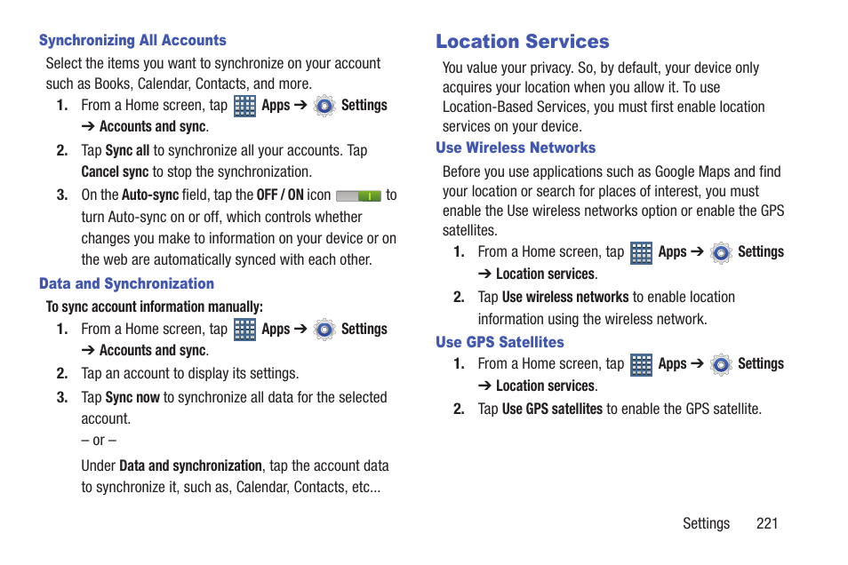 Location services, More information, refer to “use gps satellites” on | Samsung SGH-T859UWBTMB User Manual | Page 225 / 301