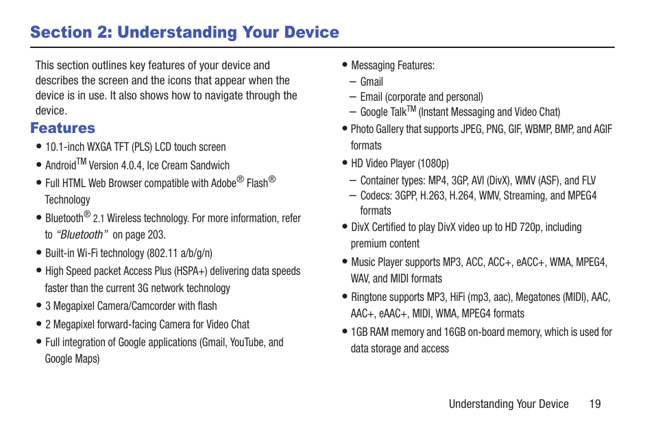 Section 2: understanding your device, Features | Samsung SGH-T859UWBTMB User Manual | Page 23 / 301