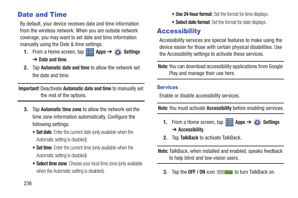 Date and time, Accessibility, Date and time accessibility | For more information, refer to | Samsung SGH-T859UWBTMB User Manual | Page 240 / 301