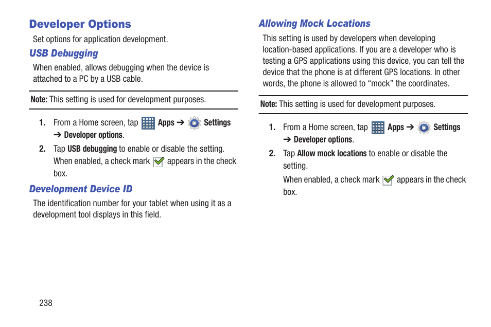 Developer options | Samsung SGH-T859UWBTMB User Manual | Page 242 / 301