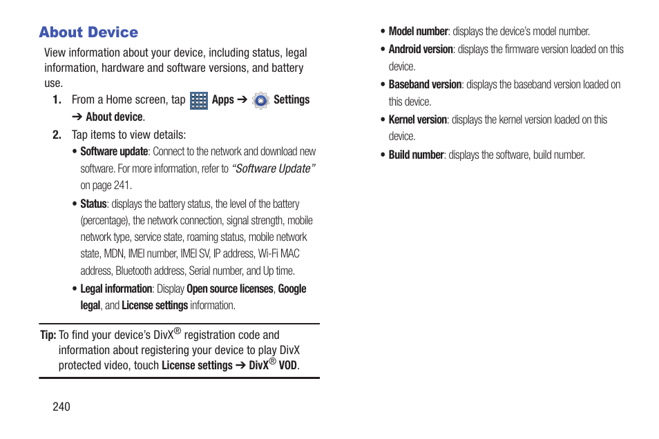 About device | Samsung SGH-T859UWBTMB User Manual | Page 244 / 301