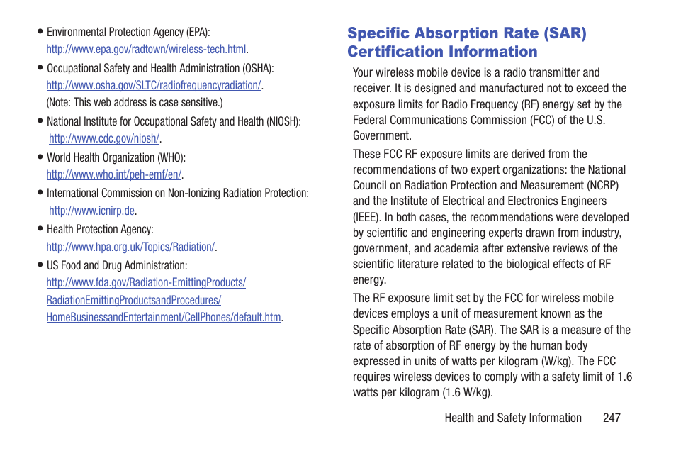 Specific absorption rate (sar) certification, Information | Samsung SGH-T859UWBTMB User Manual | Page 251 / 301