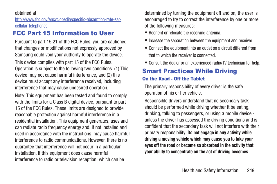 Fcc part 15 information to user, Smart practices while driving | Samsung SGH-T859UWBTMB User Manual | Page 253 / 301