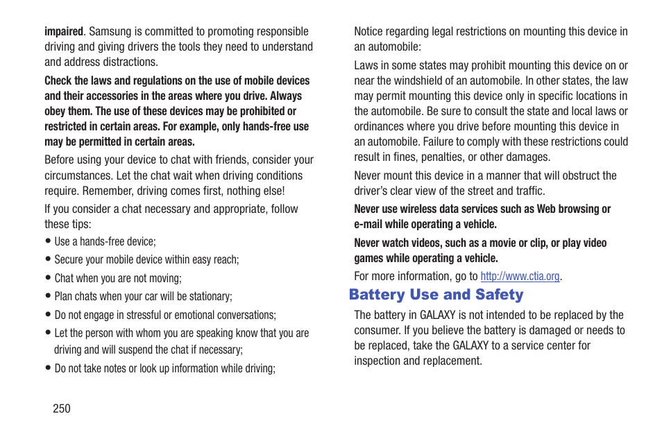 Battery use and safety | Samsung SGH-T859UWBTMB User Manual | Page 254 / 301