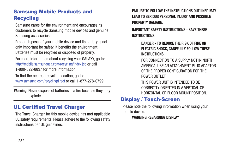 Samsung mobile products and recycling, Ul certified travel charger, Display / touch-screen | Samsung SGH-T859UWBTMB User Manual | Page 256 / 301