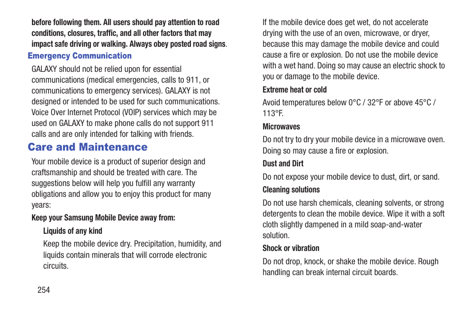 Care and maintenance | Samsung SGH-T859UWBTMB User Manual | Page 258 / 301