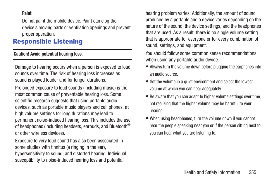 Responsible listening | Samsung SGH-T859UWBTMB User Manual | Page 259 / 301