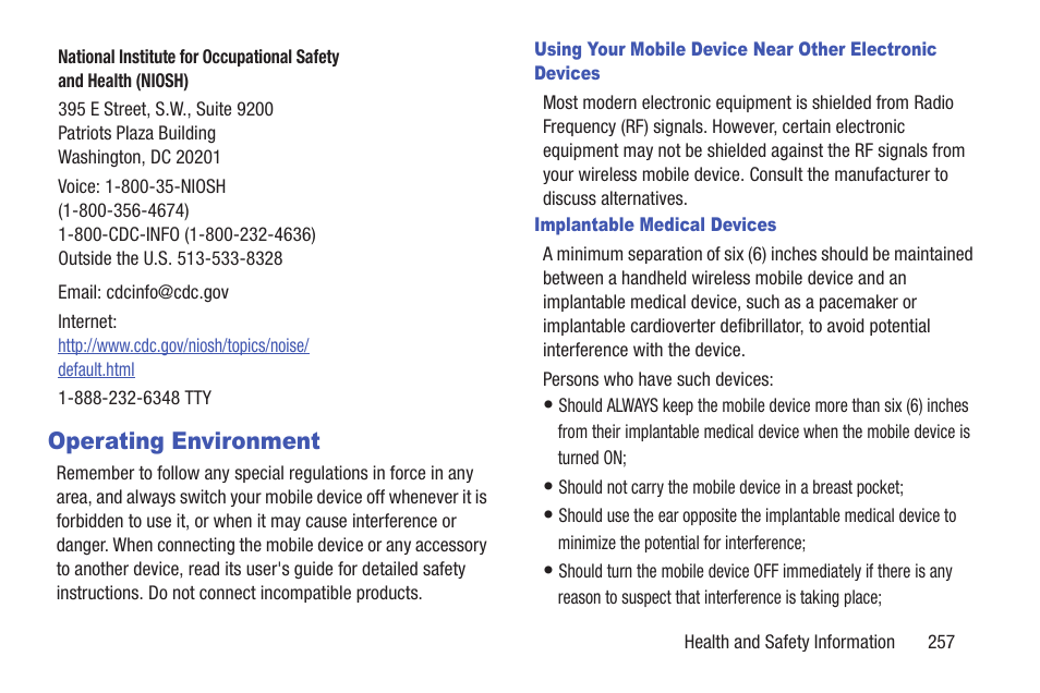 Operating environment | Samsung SGH-T859UWBTMB User Manual | Page 261 / 301