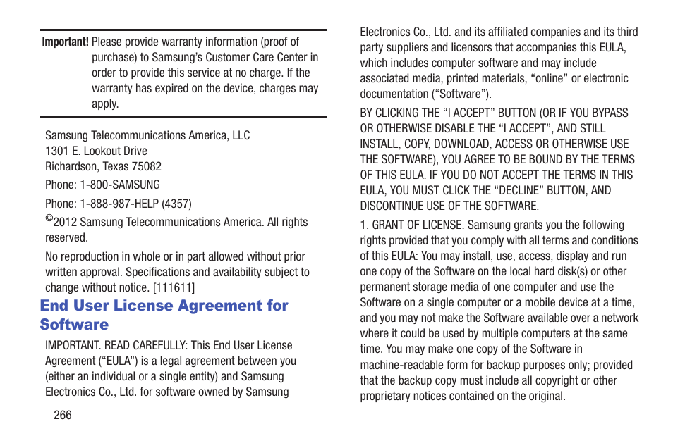 End user license agreement for software | Samsung SGH-T859UWBTMB User Manual | Page 270 / 301