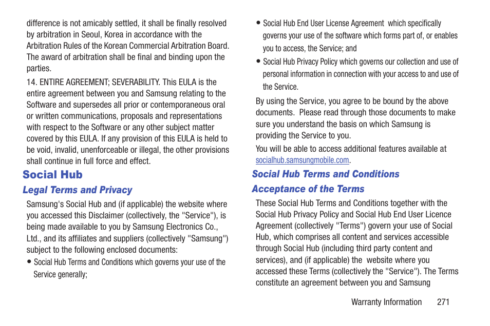 Social hub | Samsung SGH-T859UWBTMB User Manual | Page 275 / 301