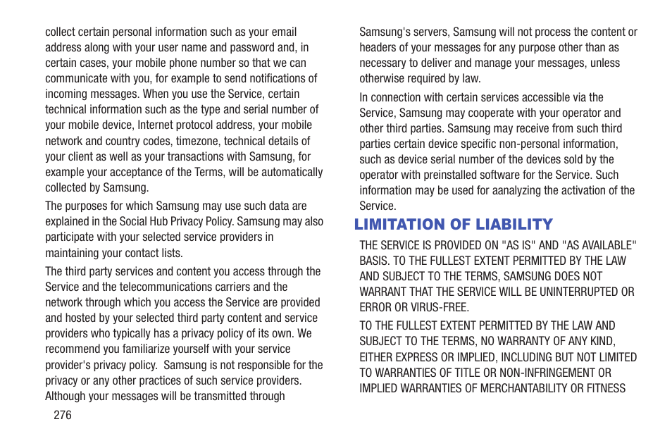 Limitation of liability | Samsung SGH-T859UWBTMB User Manual | Page 280 / 301