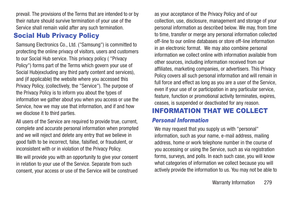 Social hub privacy policy, Information that we collect | Samsung SGH-T859UWBTMB User Manual | Page 283 / 301