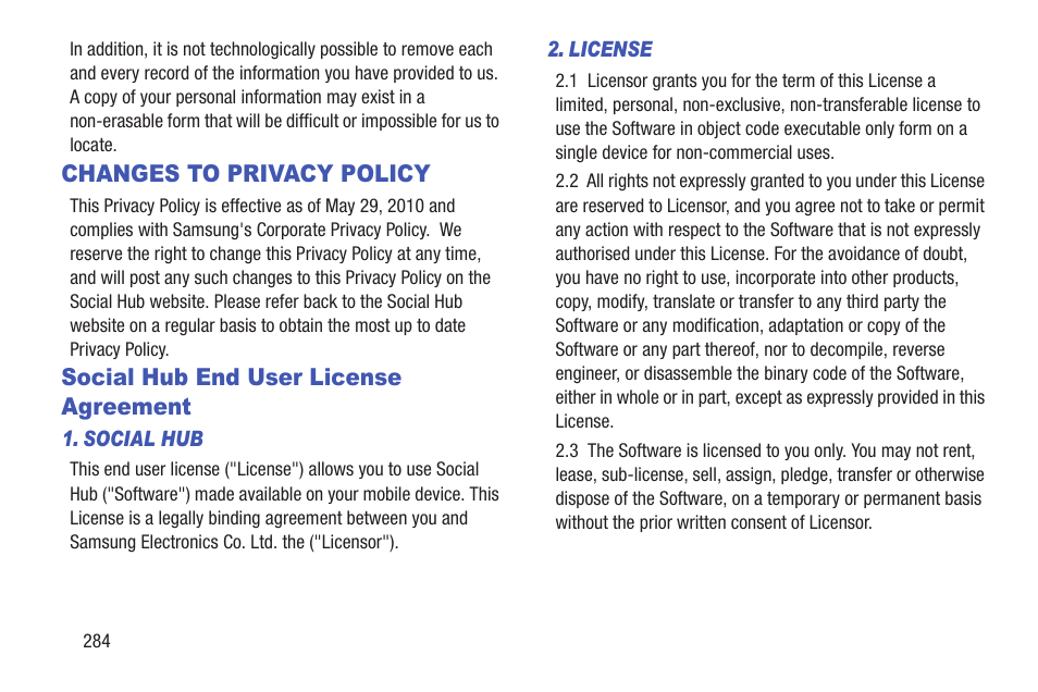 Changes to privacy policy, Social hub end user license agreement | Samsung SGH-T859UWBTMB User Manual | Page 288 / 301