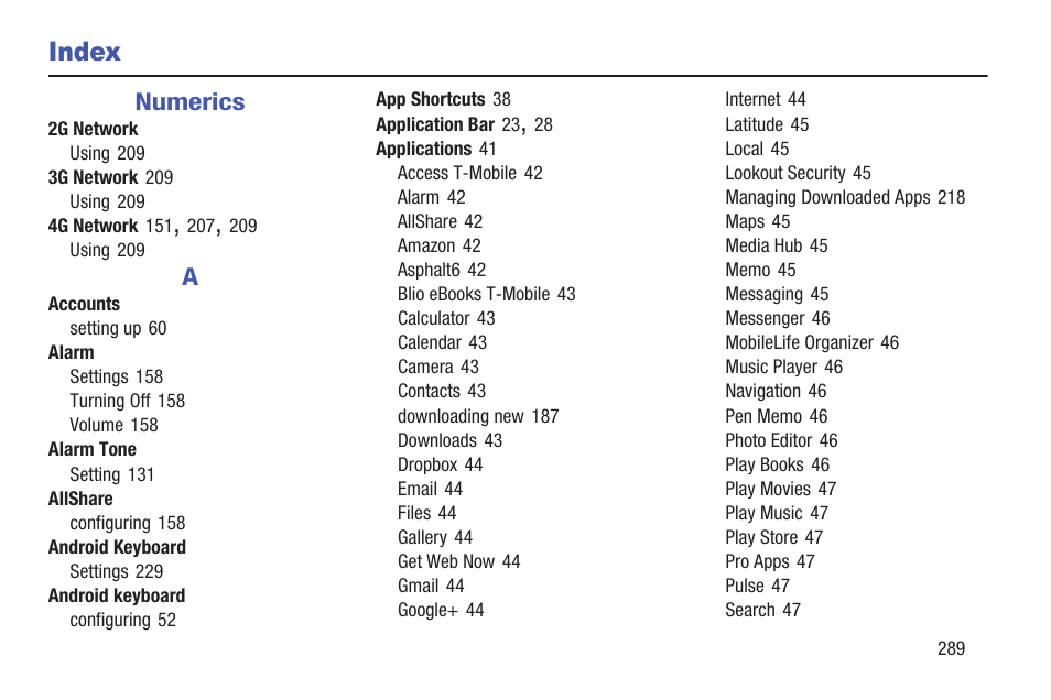 Index | Samsung SGH-T859UWBTMB User Manual | Page 293 / 301