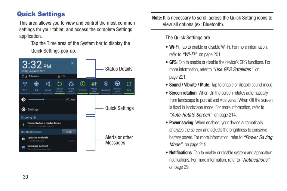 Quick settings, F. for more information, refer to | Samsung SGH-T859UWBTMB User Manual | Page 34 / 301