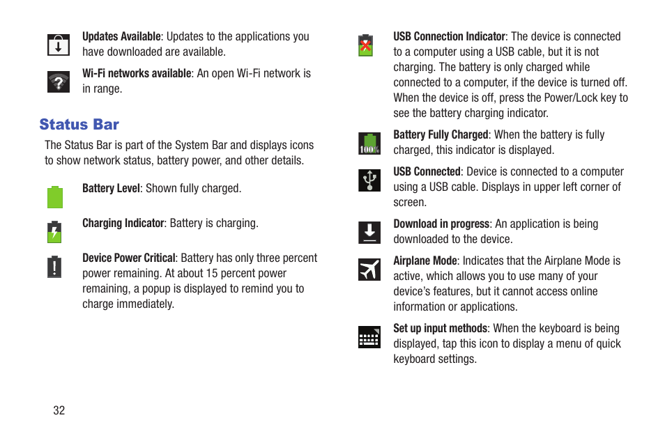 Status bar | Samsung SGH-T859UWBTMB User Manual | Page 36 / 301