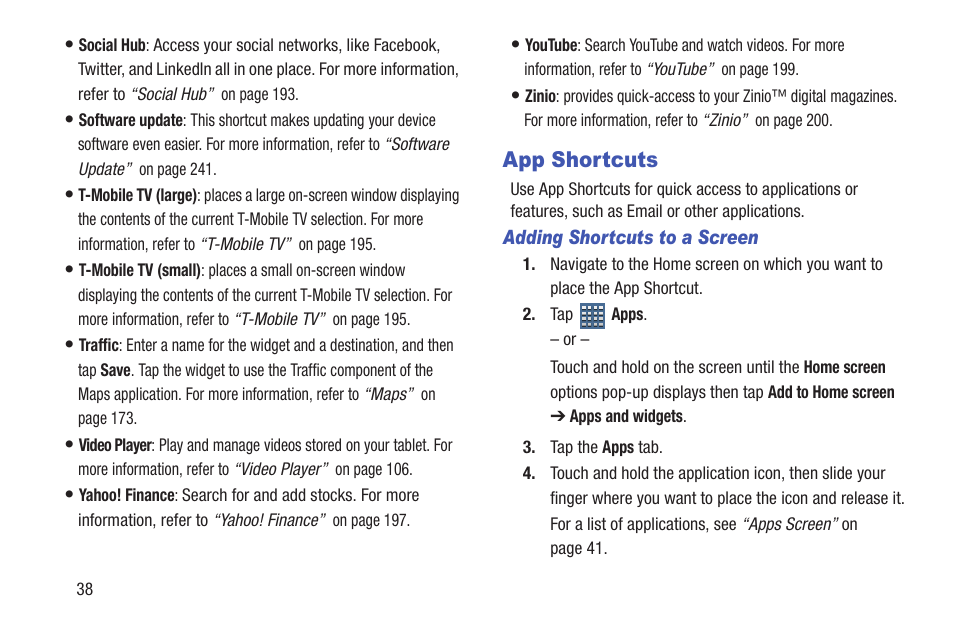 App shortcuts, Common applications. for, More information, refer to “app shortcuts” on | Samsung SGH-T859UWBTMB User Manual | Page 42 / 301