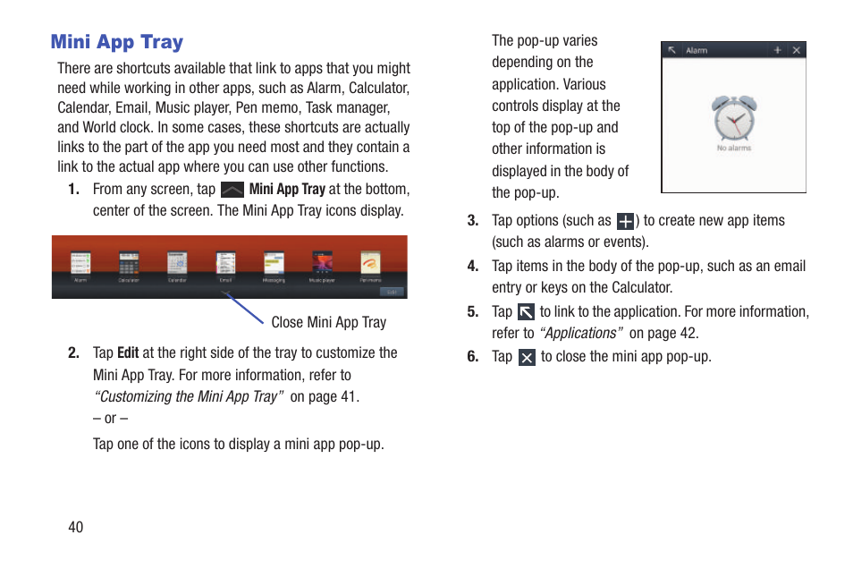 Mini app tray, For more information, refer to “mini app | Samsung SGH-T859UWBTMB User Manual | Page 44 / 301