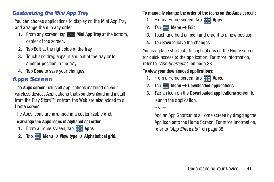 Apps screen, Ions, see “apps screen” on, For more information, refer to | Samsung SGH-T859UWBTMB User Manual | Page 45 / 301