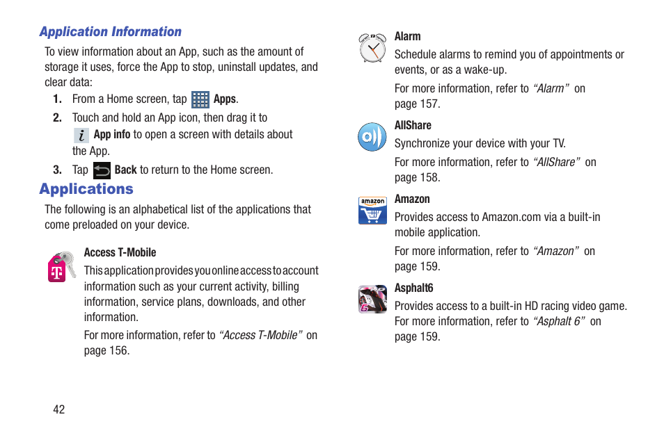 Applications, For more information, refer to, Ion. for more information | Samsung SGH-T859UWBTMB User Manual | Page 46 / 301