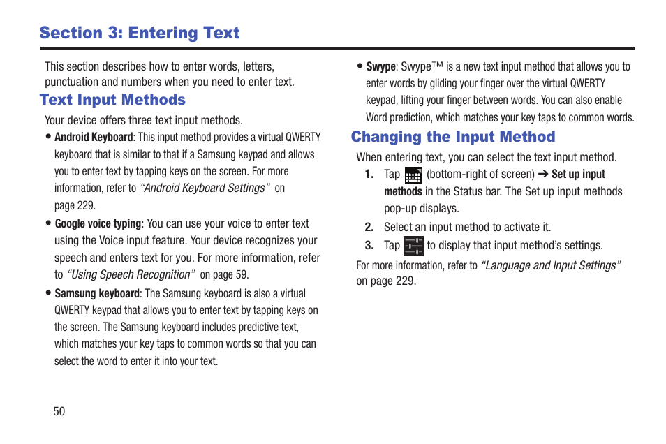 Section 3: entering text, Text input methods, Changing the input method | Text input methods changing the input method | Samsung SGH-T859UWBTMB User Manual | Page 54 / 301