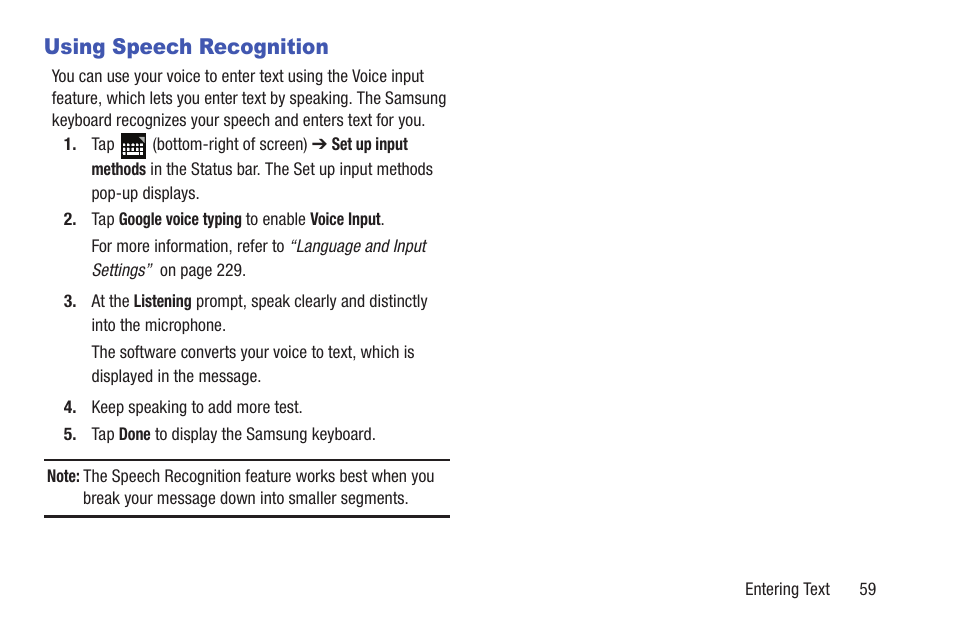 Using speech recognition, U. for more information, refer | Samsung SGH-T859UWBTMB User Manual | Page 63 / 301