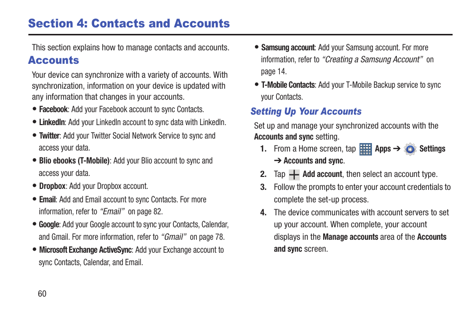 Section 4: contacts and accounts, Accounts | Samsung SGH-T859UWBTMB User Manual | Page 64 / 301