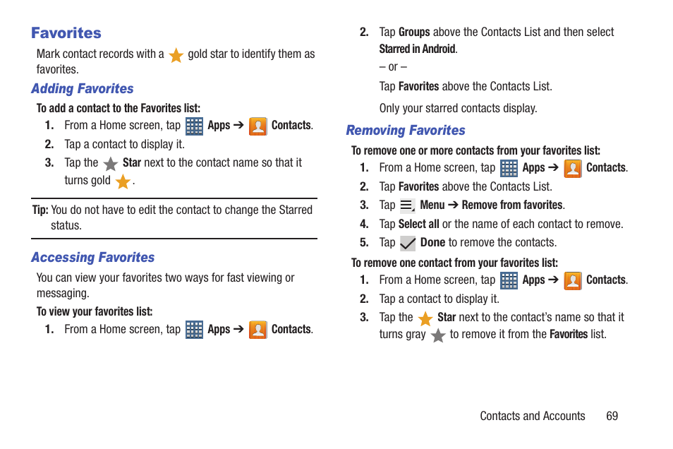 Favorites, Ntacts. for | Samsung SGH-T859UWBTMB User Manual | Page 73 / 301