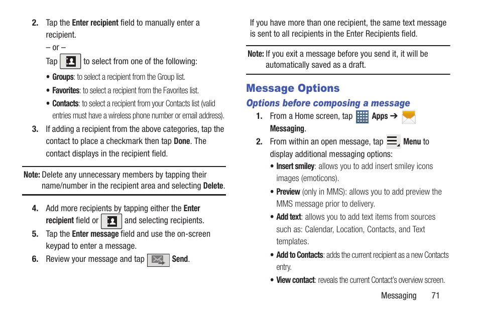 Message options | Samsung SGH-T859UWBTMB User Manual | Page 75 / 301