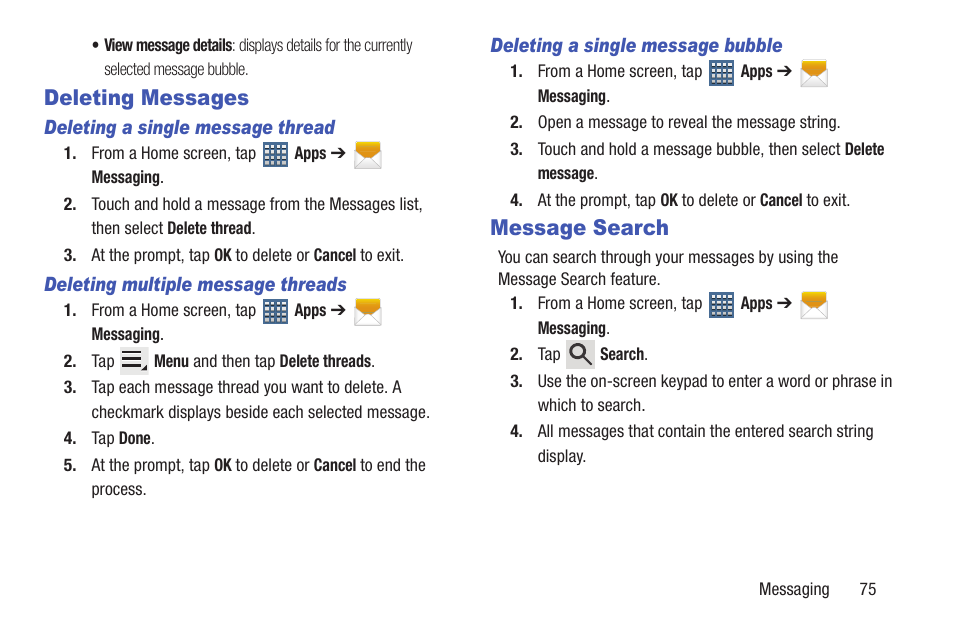 Deleting messages, Message search, Deleting messages message search | Samsung SGH-T859UWBTMB User Manual | Page 79 / 301