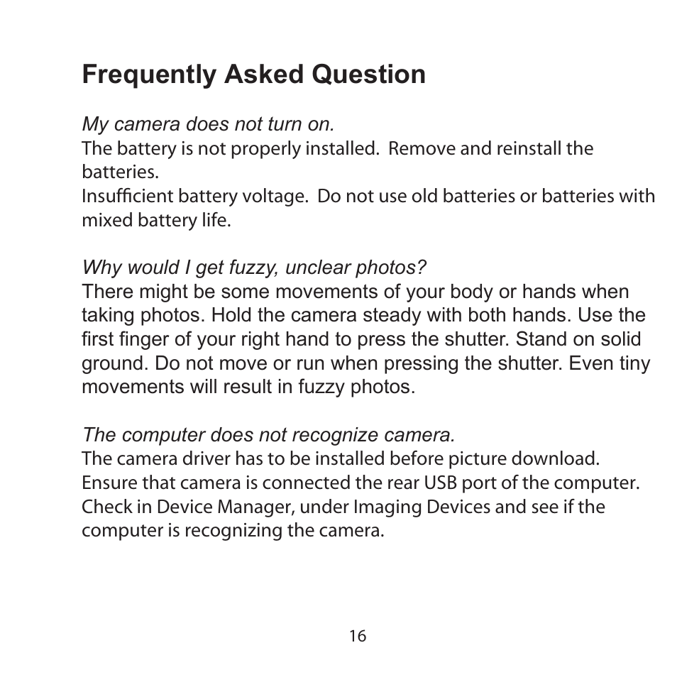 Frequently asked question | Argus Camera Argus DCM-099 User Manual | Page 16 / 18