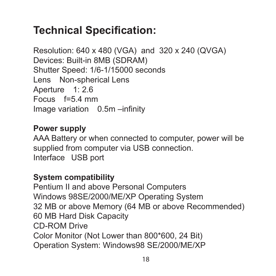 Technical specification | Argus Camera Argus DCM-099 User Manual | Page 18 / 18