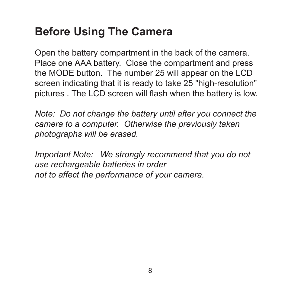 Before using the camera | Argus Camera Argus DCM-099 User Manual | Page 8 / 18