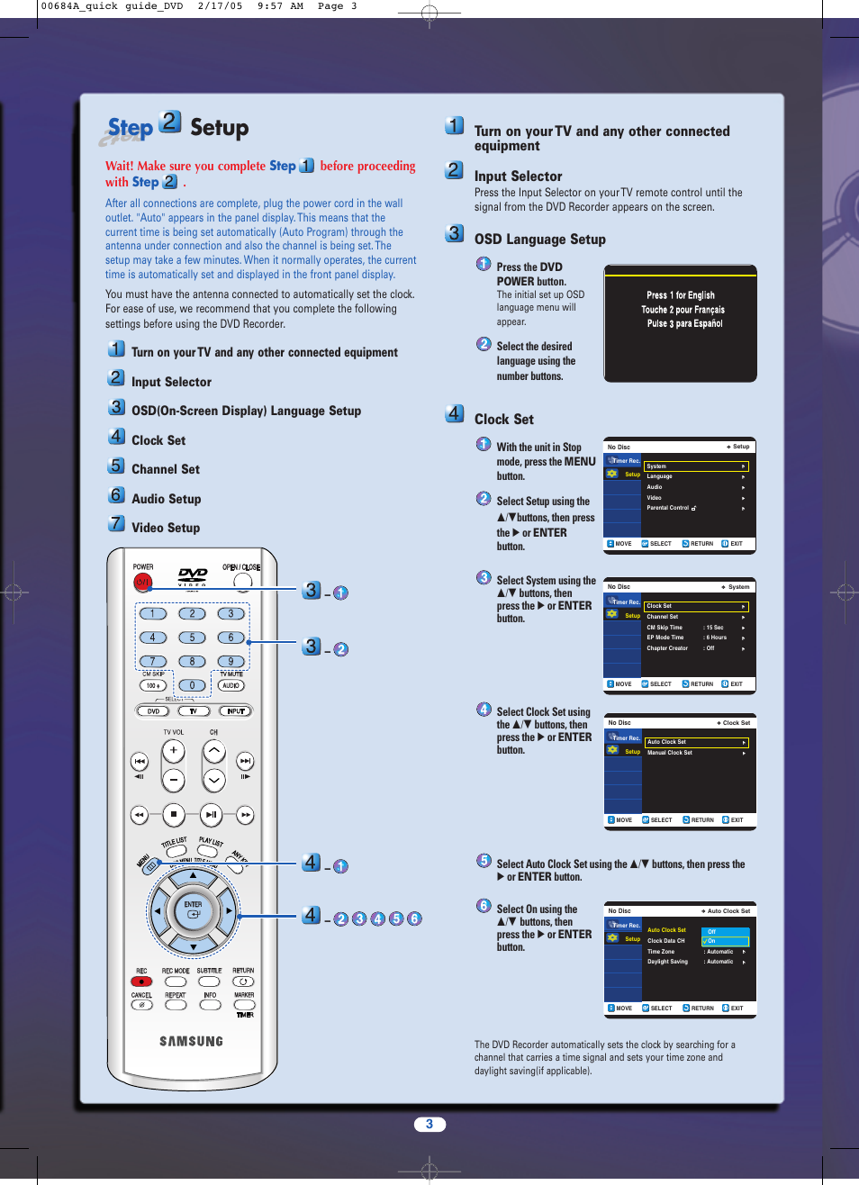 4 clock set, Step, Step setup | Osd language setup, Clock set, Press the dvd power button | Samsung DVD-R120-XAC User Manual | Page 3 / 6