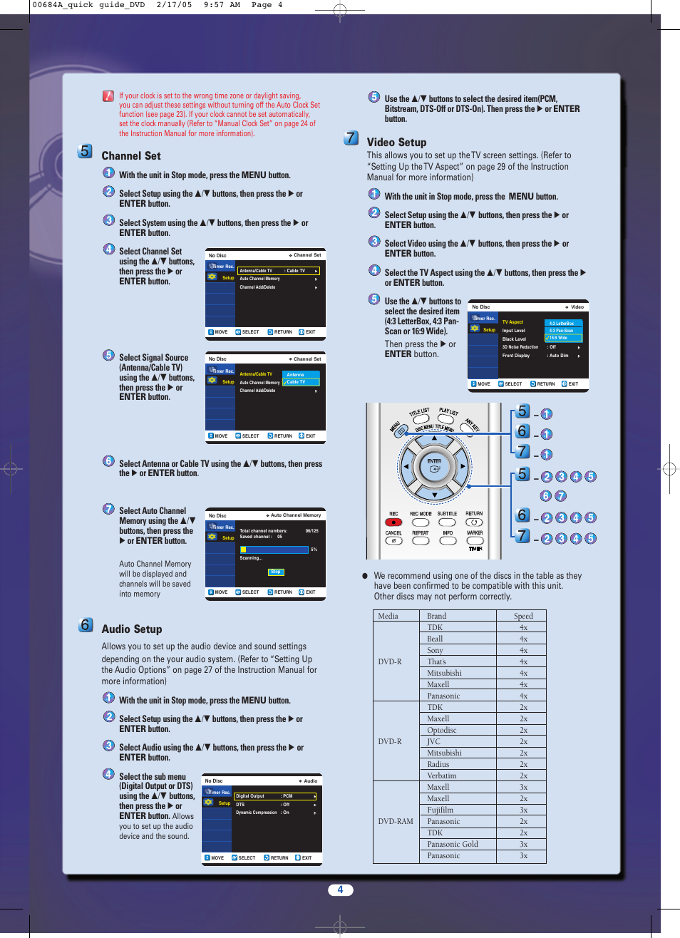 5 channel set, 6 audio setup, 7 video setup | Step3 basic operation, Channel set, Audio setup, Video setup | Samsung DVD-R120-XAC User Manual | Page 4 / 6