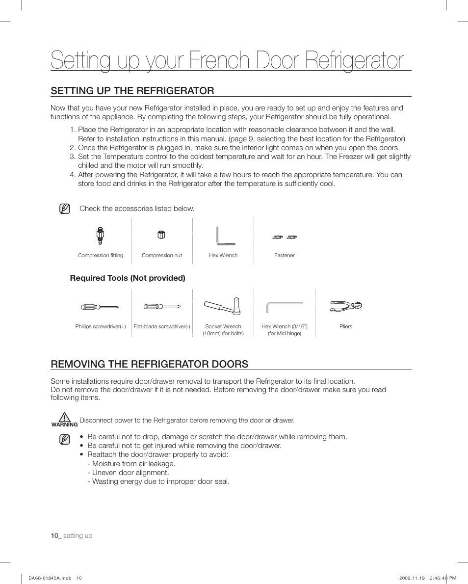 Setting up the refrigerator, Removing the refrigerator doors, Setting up your french door refrigerator | Samsung RF217ABRS-XAA User Manual | Page 10 / 34