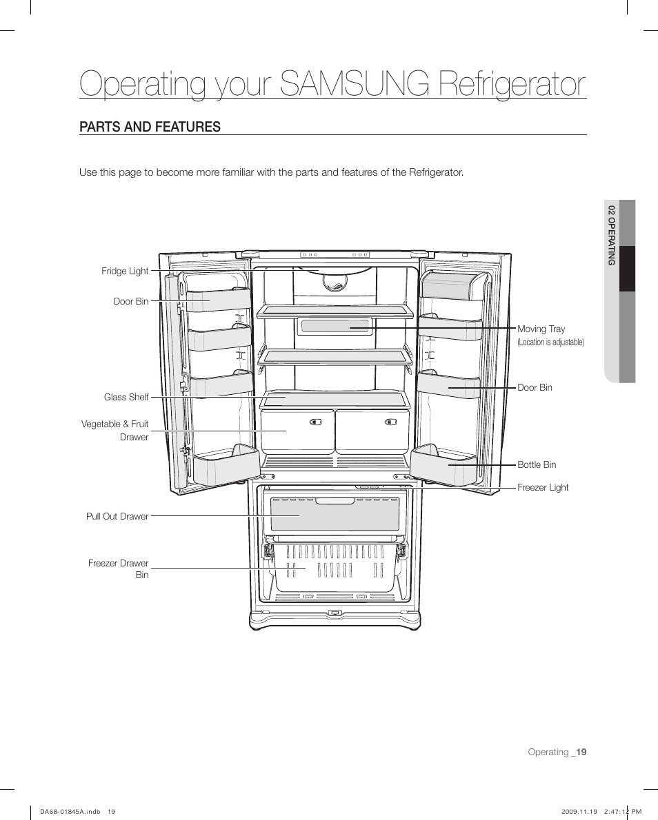 Operating your samsung refrigerator, Parts and features | Samsung RF217ABRS-XAA User Manual | Page 19 / 34