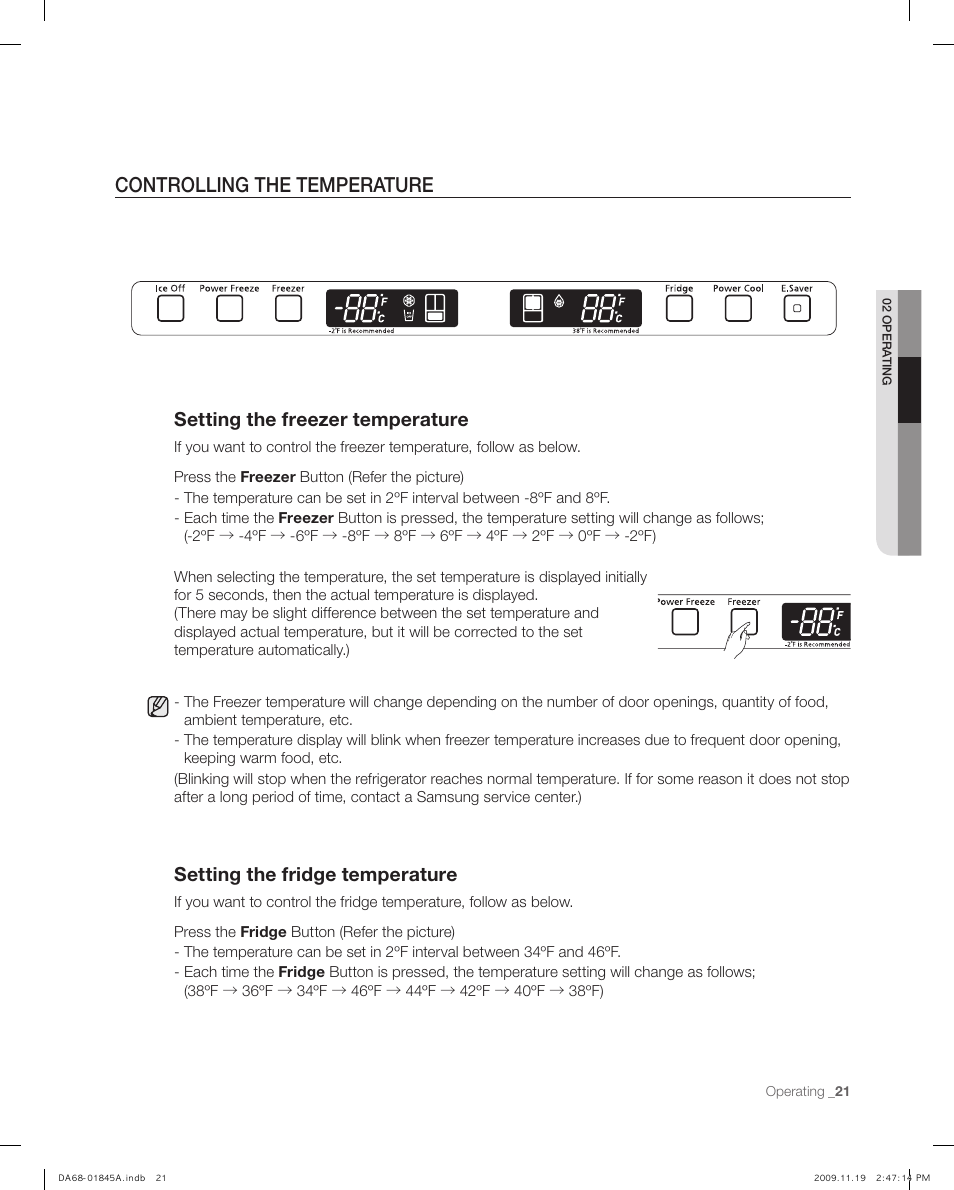 Controlling the temperature, Setting the freezer temperature, Setting the fridge temperature | Samsung RF217ABRS-XAA User Manual | Page 21 / 34